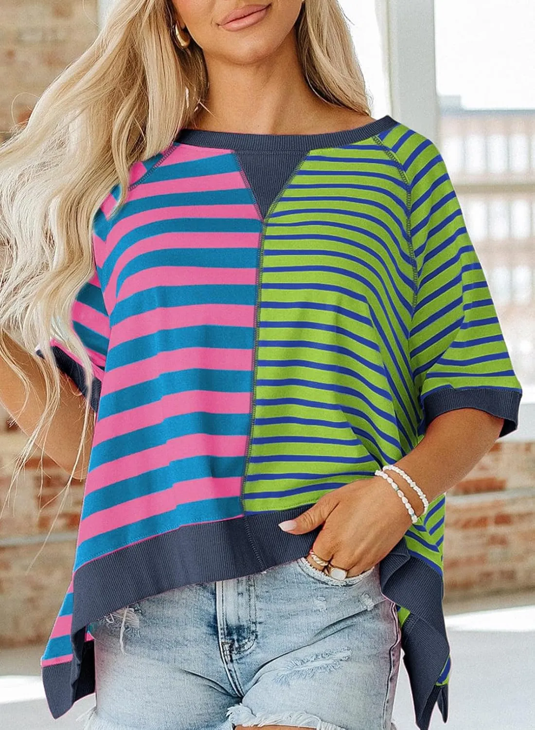 Acelitt Womens Casual Summer Short Sleeve Crewneck Color Block Sweatshirts T-Shirts Tops, S-XXL