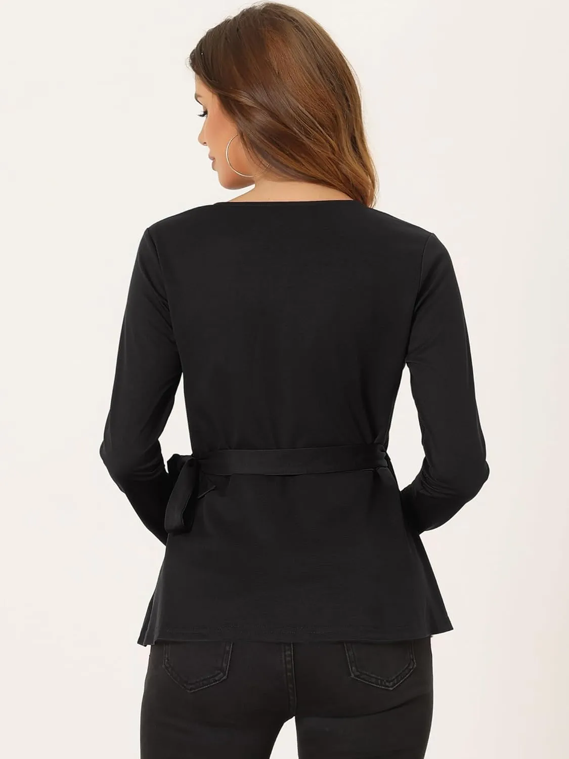 Allegra K Dressy Casual Wrap Peplum Tops for Women's Elegant V Neck Long Sleeves Tie Waist Knit Blouse
