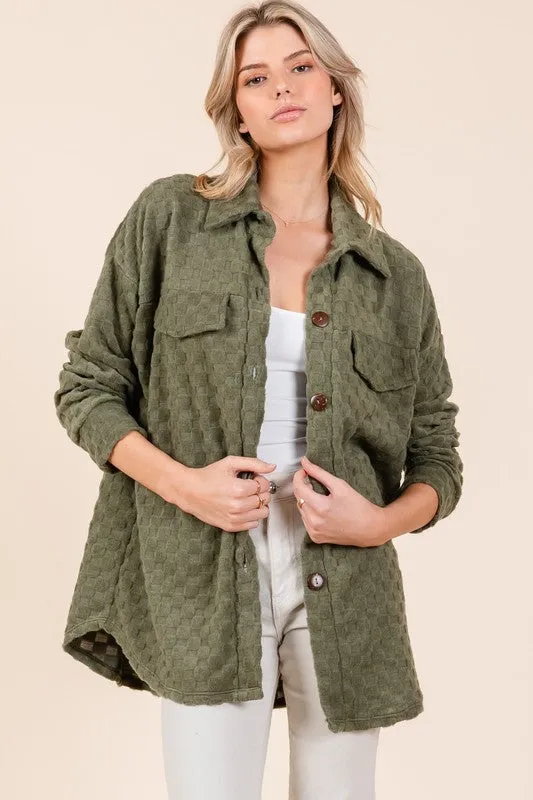 BOMBOM USA Women Shacket Moss Checkered Button Down Long Sleeve