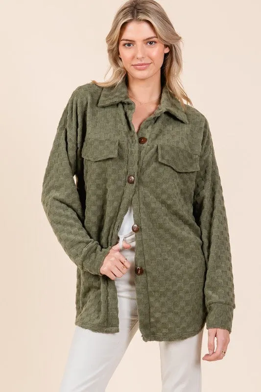 BOMBOM USA Women Shacket Moss Checkered Button Down Long Sleeve
