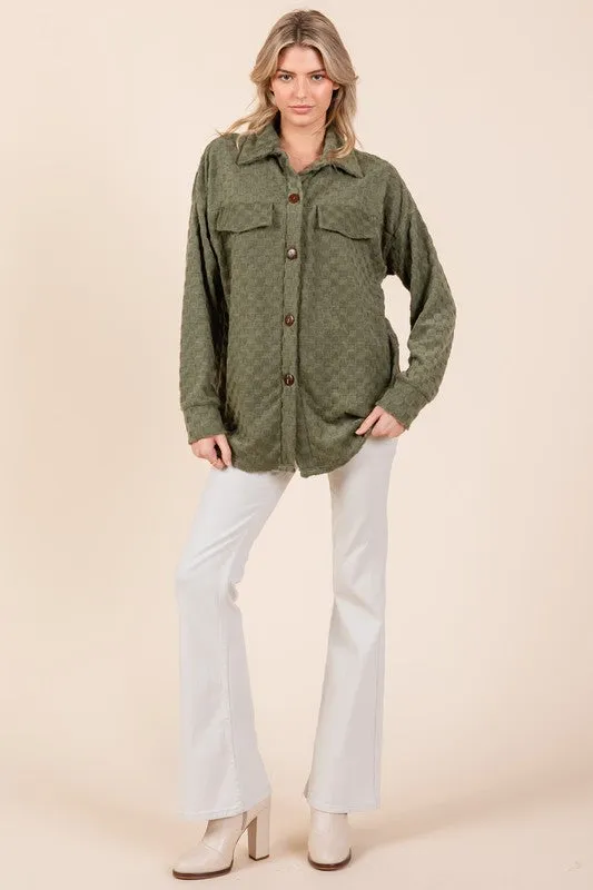BOMBOM USA Women Shacket Moss Checkered Button Down Long Sleeve