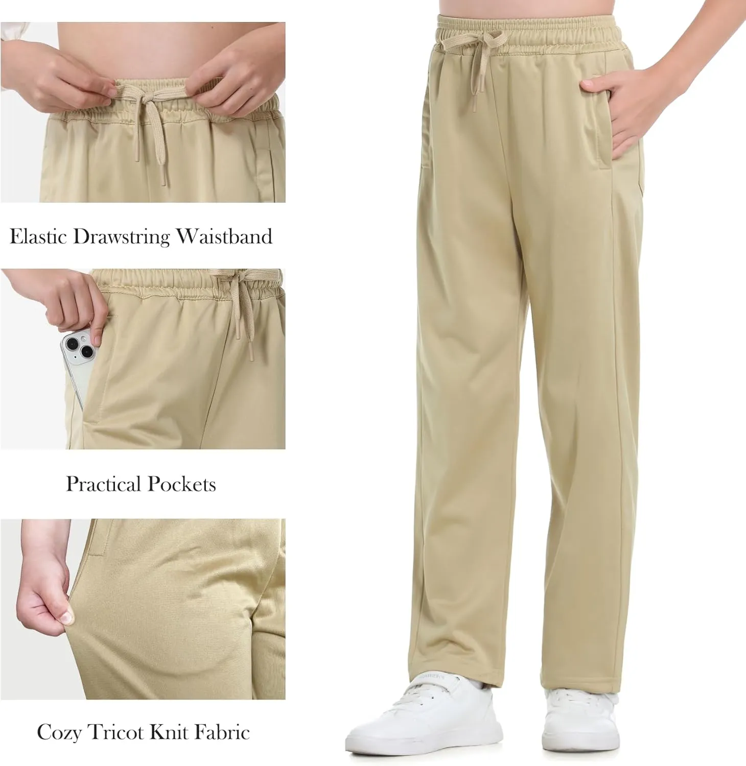Boys Sweatpants Straight Leg Fit, Boy Athletic Joggers with Open Bottom and Drawstring Pockets for Sports Outdoors