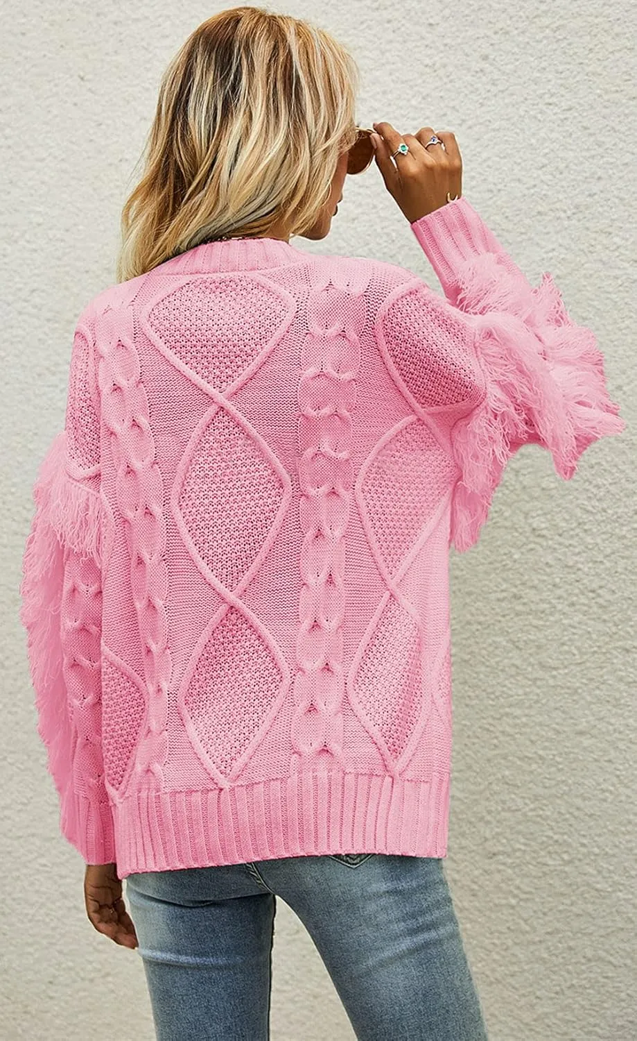 CHARTOU Women's Elegant Long Sleeve Tassel Fringe Cable Knit Sweater Jumper Top