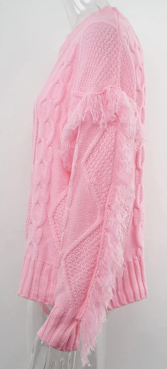 CHARTOU Women's Elegant Long Sleeve Tassel Fringe Cable Knit Sweater Jumper Top