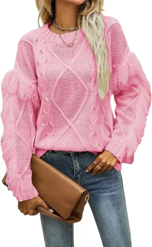 CHARTOU Women's Elegant Long Sleeve Tassel Fringe Cable Knit Sweater Jumper Top