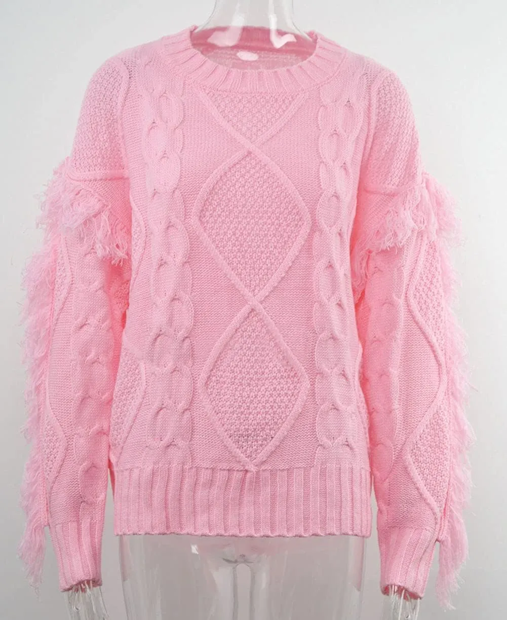 CHARTOU Women's Elegant Long Sleeve Tassel Fringe Cable Knit Sweater Jumper Top