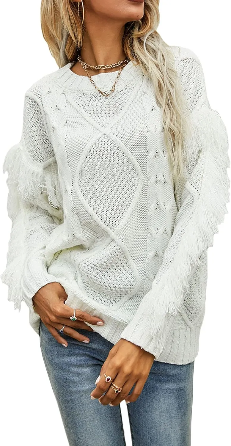 CHARTOU Women's Elegant Long Sleeve Tassel Fringe Cable Knit Sweater Jumper Top