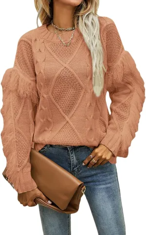 CHARTOU Women's Elegant Long Sleeve Tassel Fringe Cable Knit Sweater Jumper Top