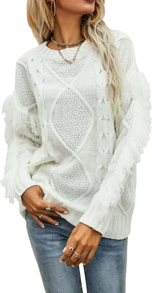 CHARTOU Women's Elegant Long Sleeve Tassel Fringe Cable Knit Sweater Jumper Top