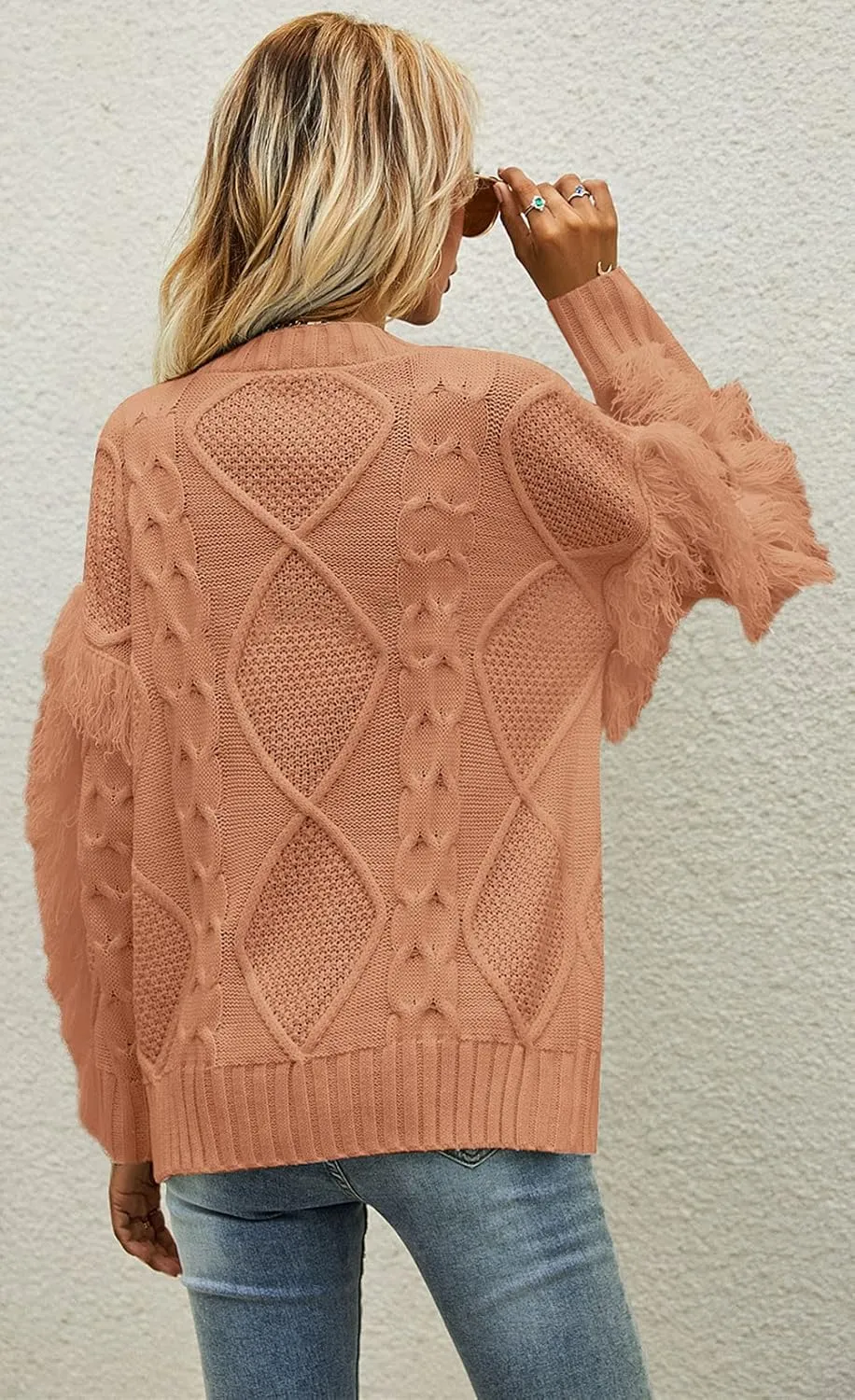 CHARTOU Women's Elegant Long Sleeve Tassel Fringe Cable Knit Sweater Jumper Top
