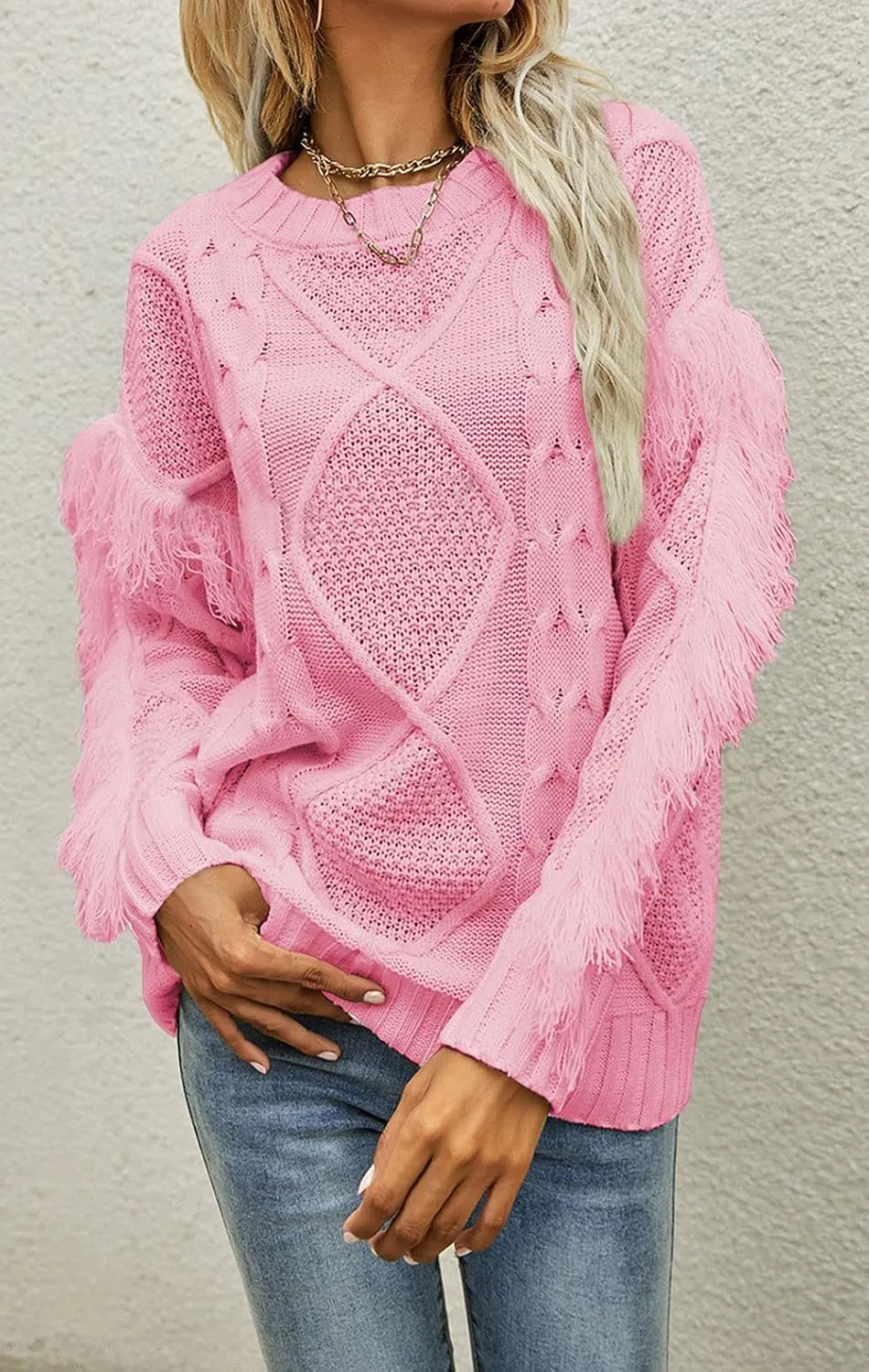 CHARTOU Women's Elegant Long Sleeve Tassel Fringe Cable Knit Sweater Jumper Top