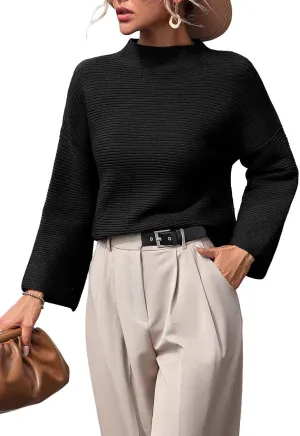 chouyatou Womens Fall Mock Neck Pullover Sweater Elegant Ribbed Knit Dressy Casual Sweater Top