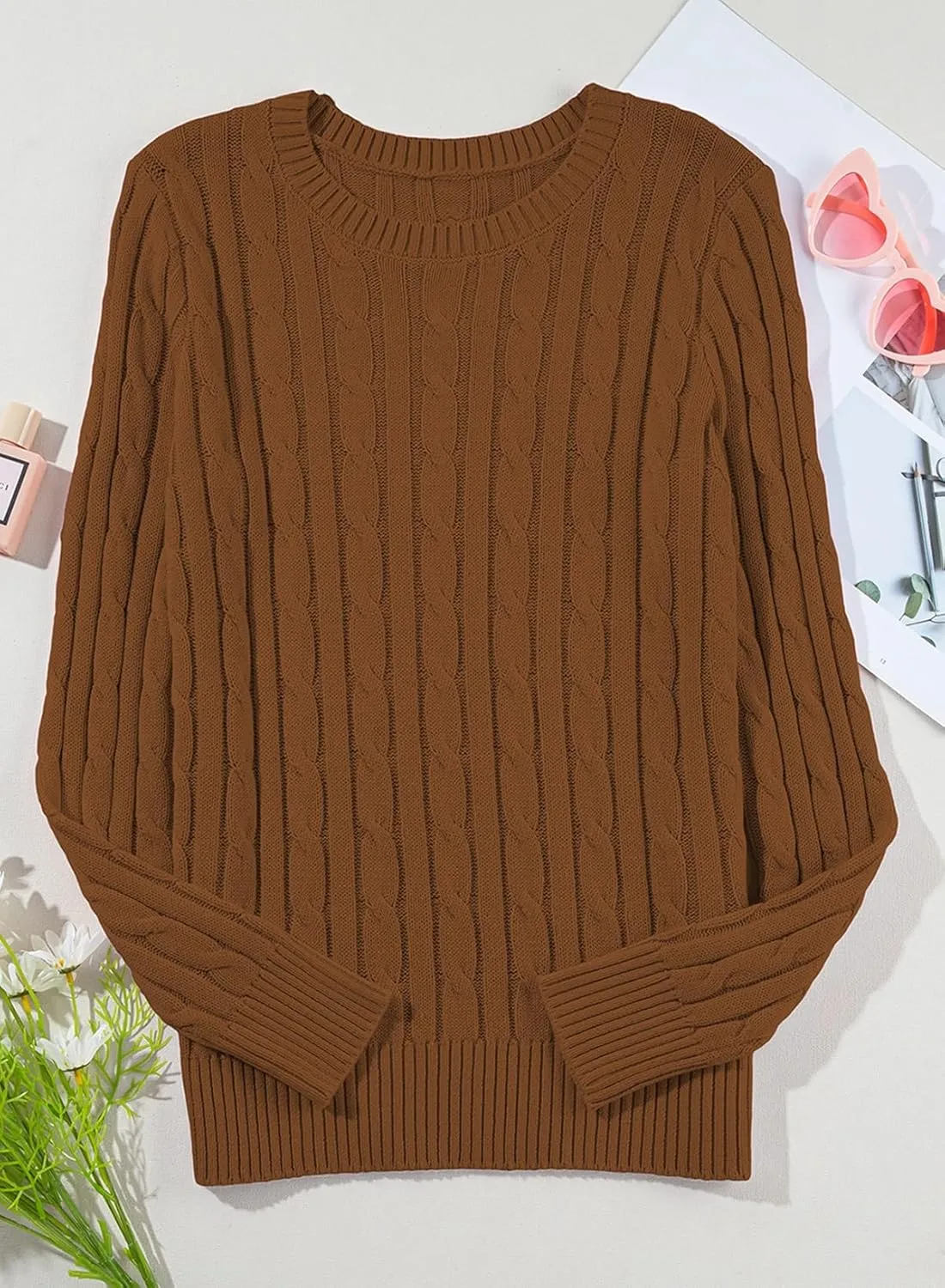 EVALESS Womens Cable Knitted Old Money Pullover Sweater Crewneck Business Casual Long Sleeve Tops