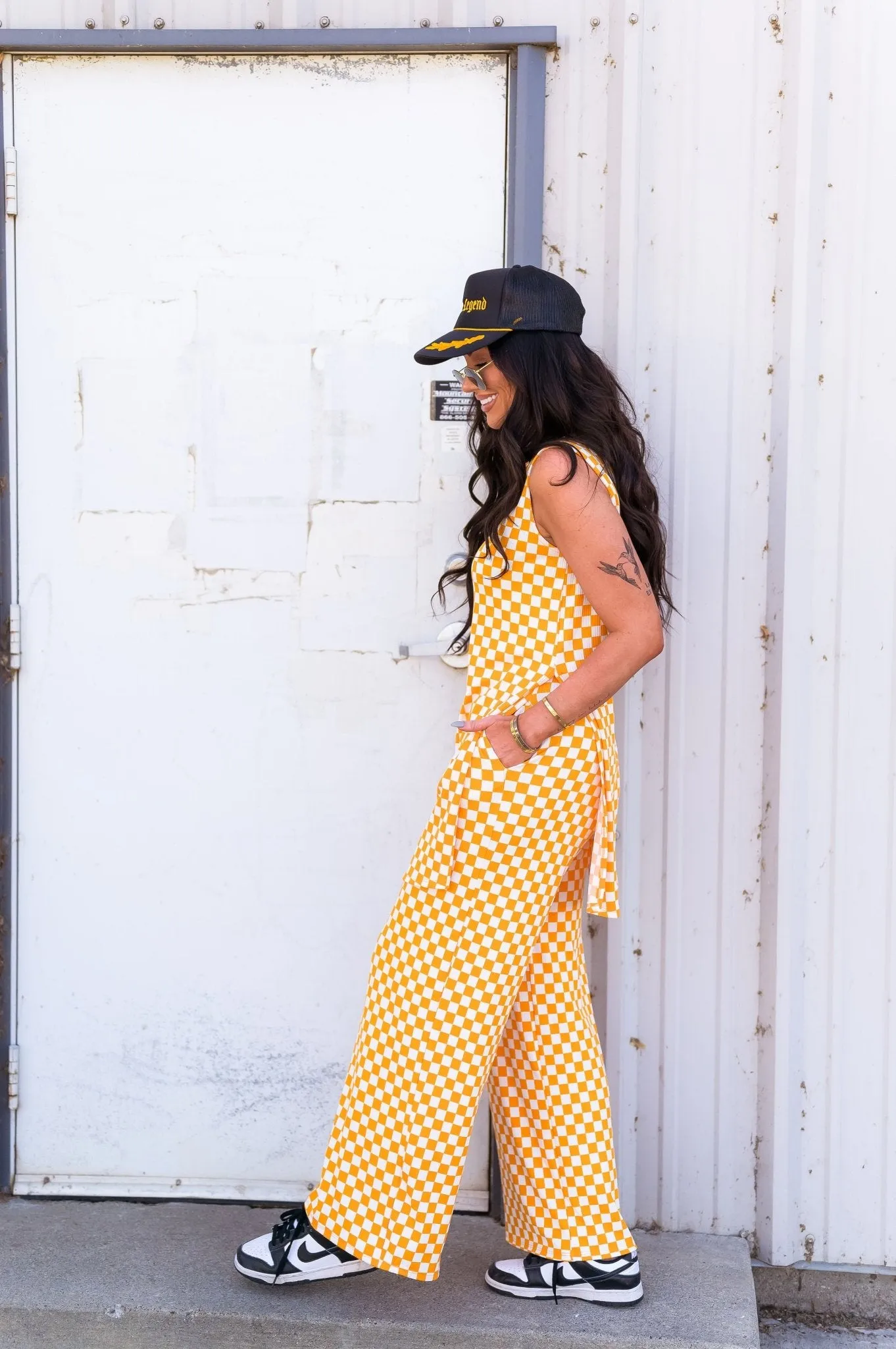 Gigi Sleeveless Ribbed Playsuit in Sunshine Check