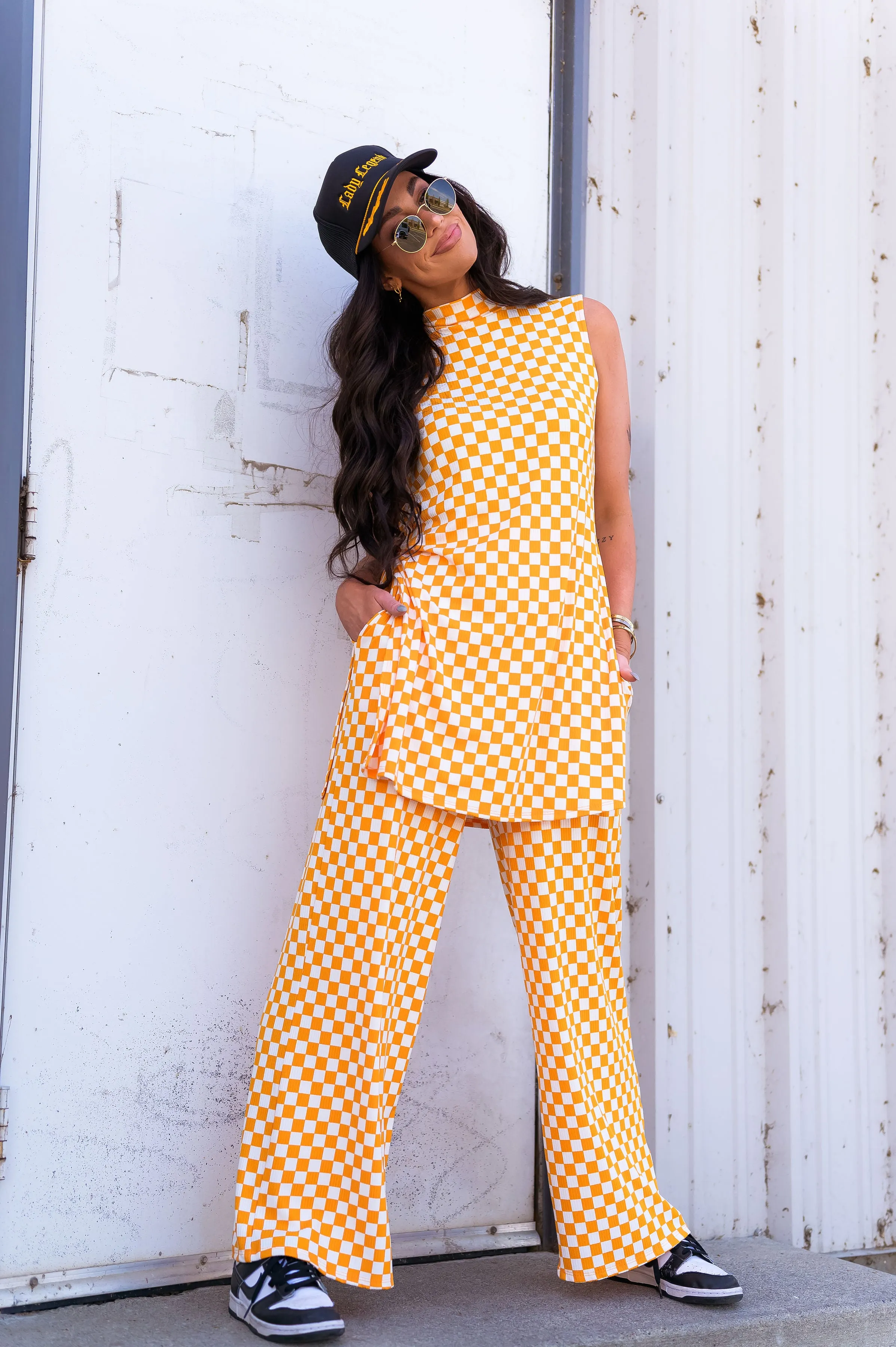 Gigi Sleeveless Ribbed Playsuit in Sunshine Check