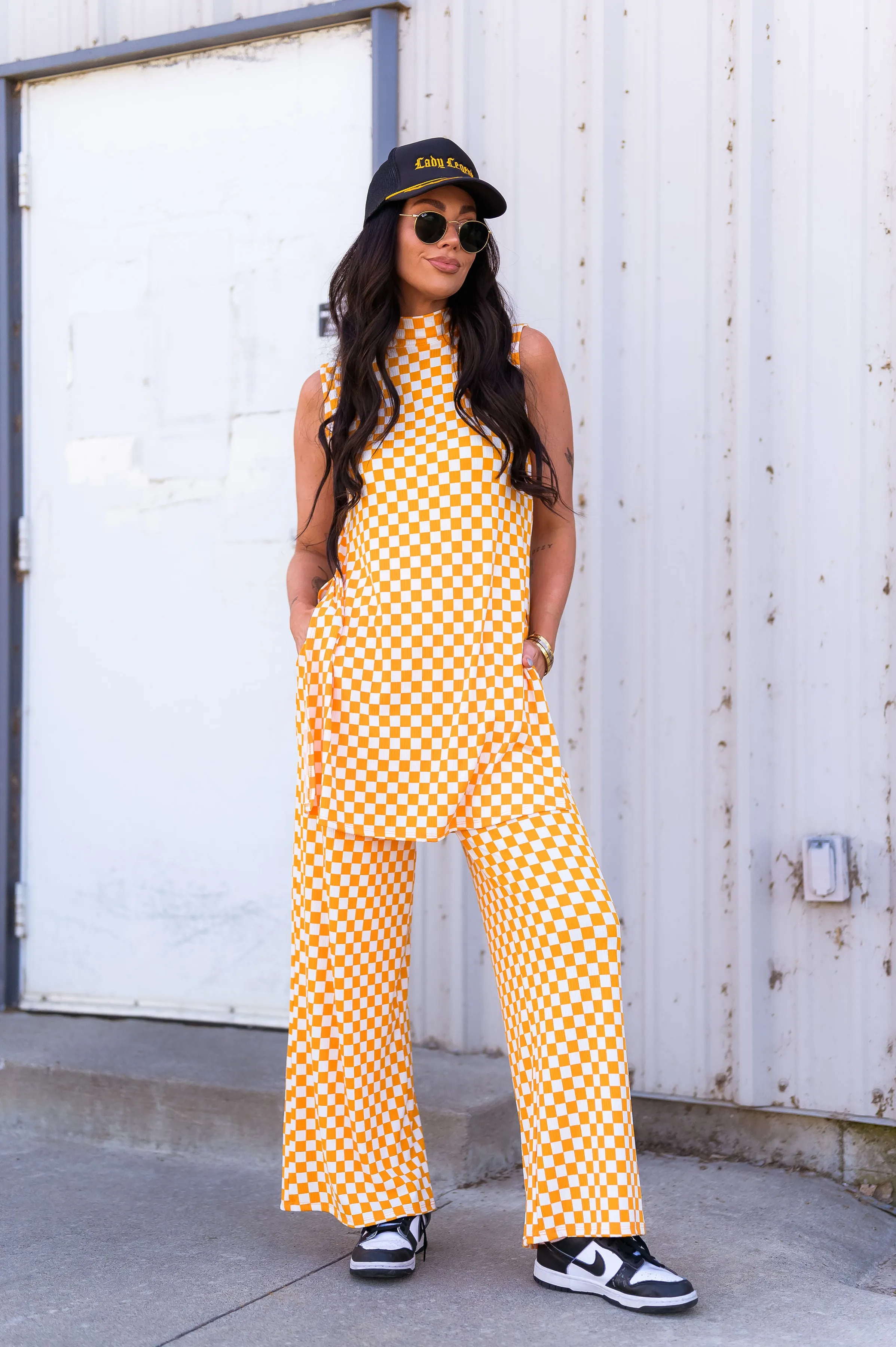 Gigi Sleeveless Ribbed Playsuit in Sunshine Check