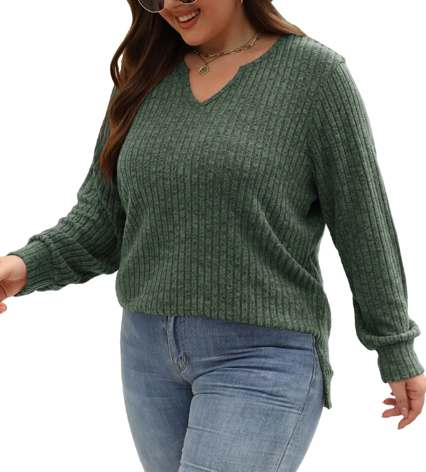 Gloria&Sarah Women's Casual Long Sleeve V Neck Lightweight Knitted Sweaters Loose Fit Plus Size Tunic Tops L-4XL