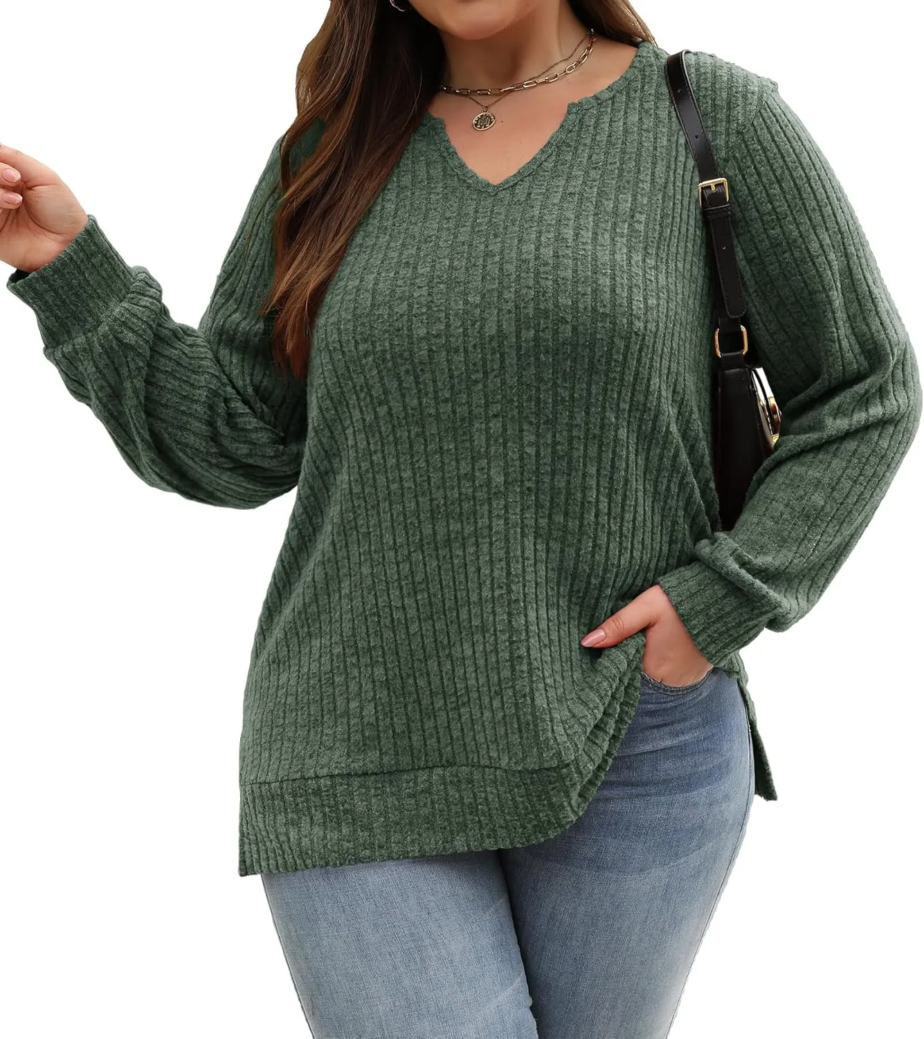 Gloria&Sarah Women's Casual Long Sleeve V Neck Lightweight Knitted Sweaters Loose Fit Plus Size Tunic Tops L-4XL