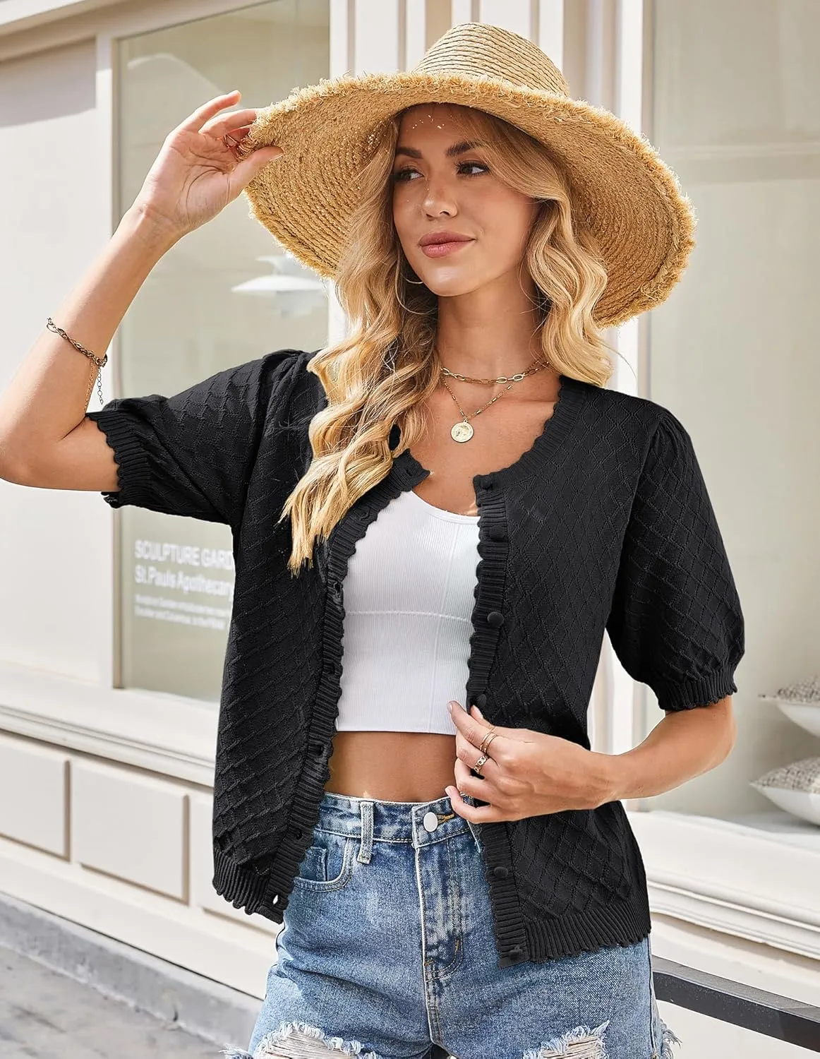 GRACE KARIN Women's Puff Short Sleeve Cardigan Tops 2025 Summer Lightweight Crew Neck Button Down Sweater Blouses