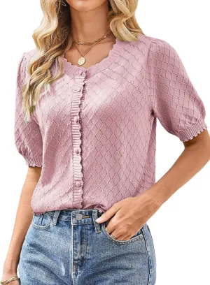 GRACE KARIN Women's Puff Short Sleeve Cardigan Tops 2025 Summer Lightweight Crew Neck Button Down Sweater Blouses