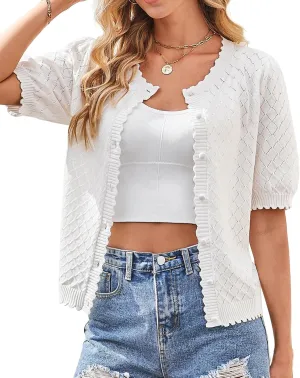 GRACE KARIN Women's Puff Short Sleeve Cardigan Tops 2025 Summer Lightweight Crew Neck Button Down Sweater Blouses