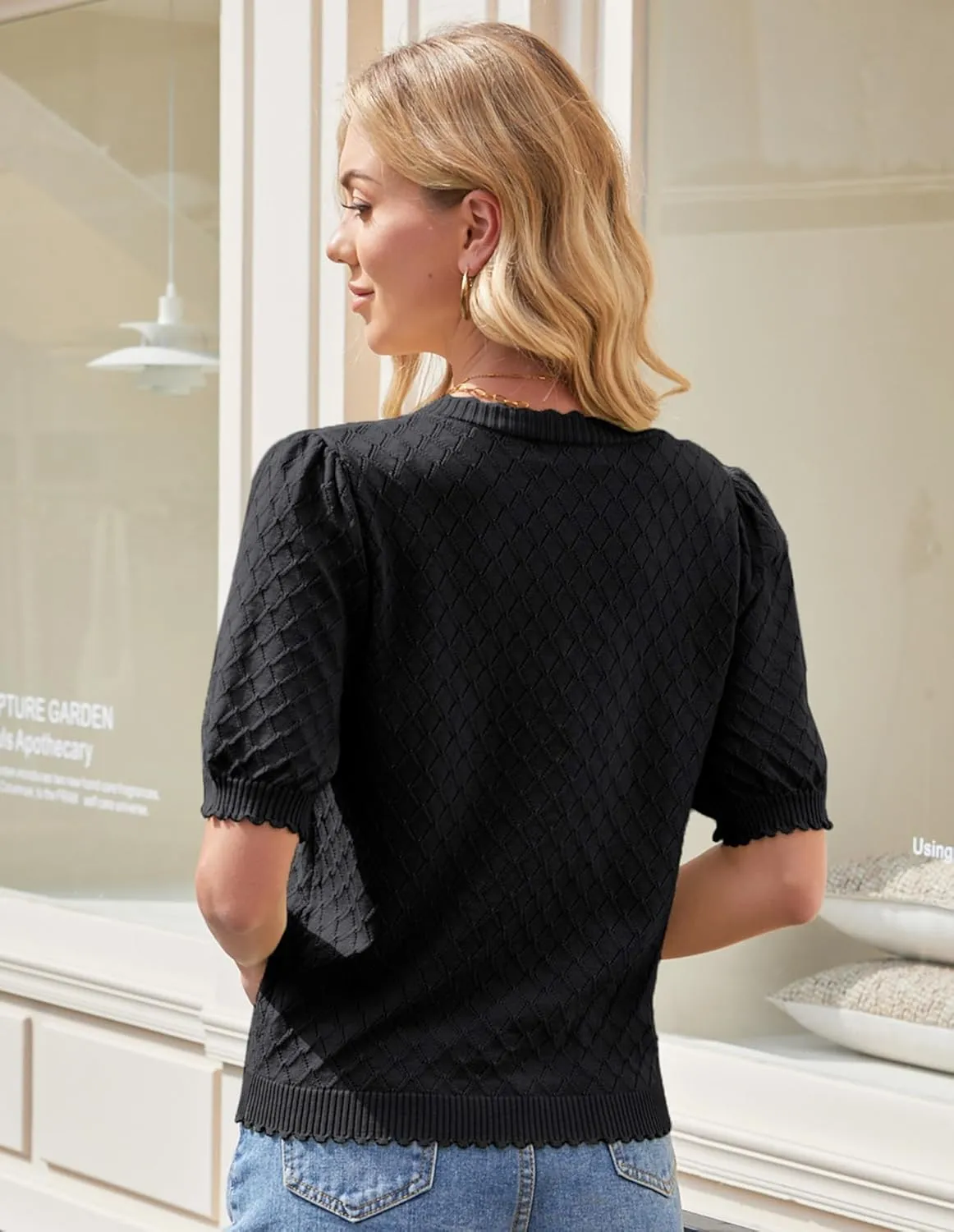 GRACE KARIN Women's Puff Short Sleeve Cardigan Tops 2025 Summer Lightweight Crew Neck Button Down Sweater Blouses