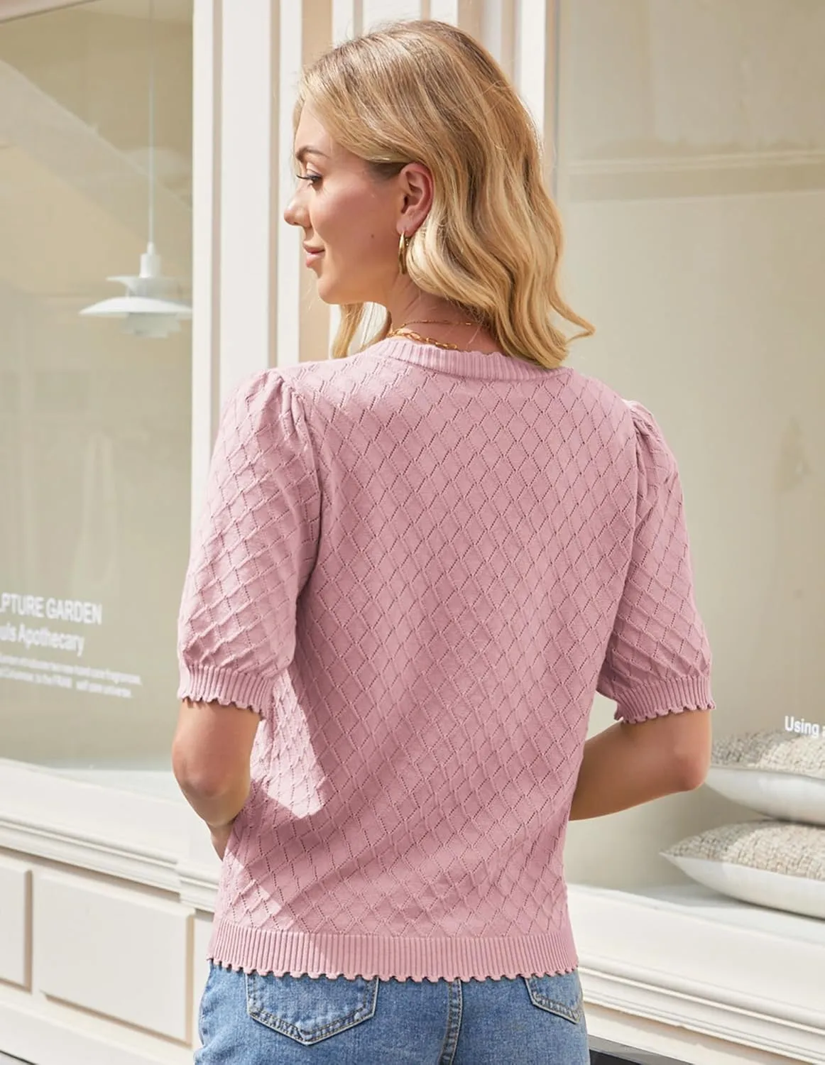 GRACE KARIN Women's Puff Short Sleeve Cardigan Tops 2025 Summer Lightweight Crew Neck Button Down Sweater Blouses