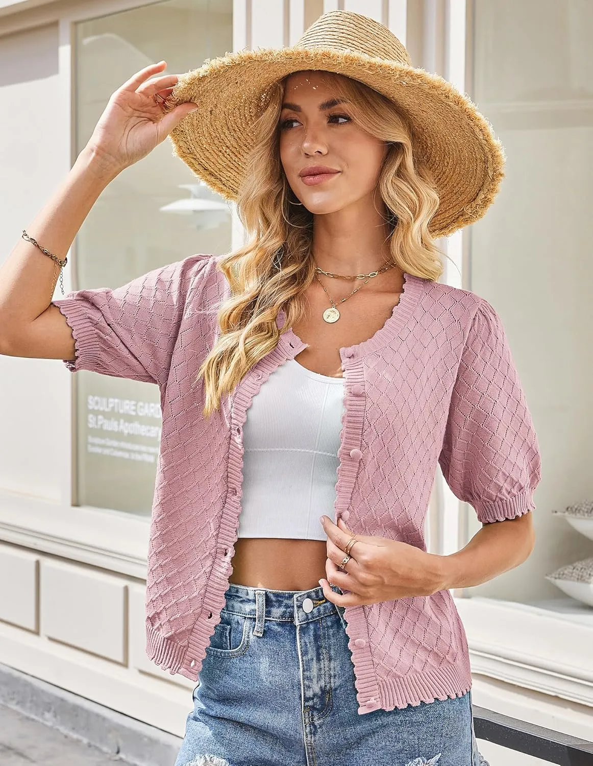 GRACE KARIN Women's Puff Short Sleeve Cardigan Tops 2025 Summer Lightweight Crew Neck Button Down Sweater Blouses