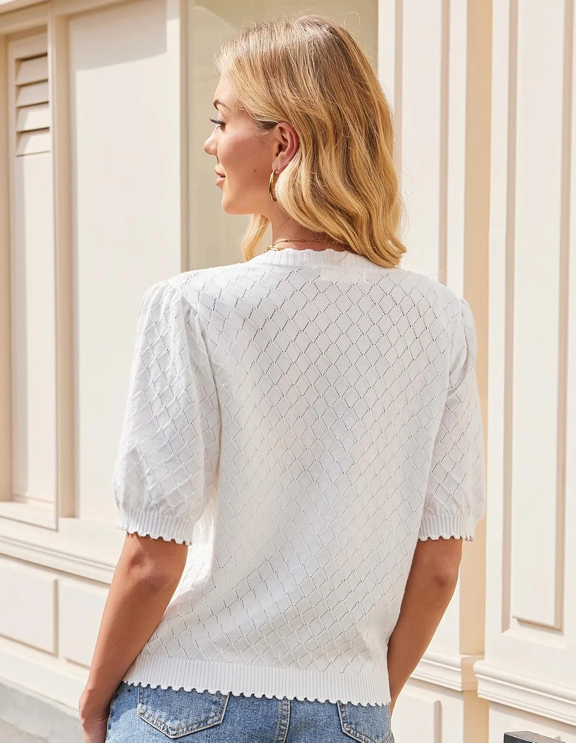 GRACE KARIN Women's Puff Short Sleeve Cardigan Tops 2025 Summer Lightweight Crew Neck Button Down Sweater Blouses