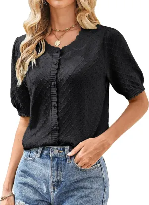 GRACE KARIN Women's Puff Short Sleeve Cardigan Tops 2025 Summer Lightweight Crew Neck Button Down Sweater Blouses