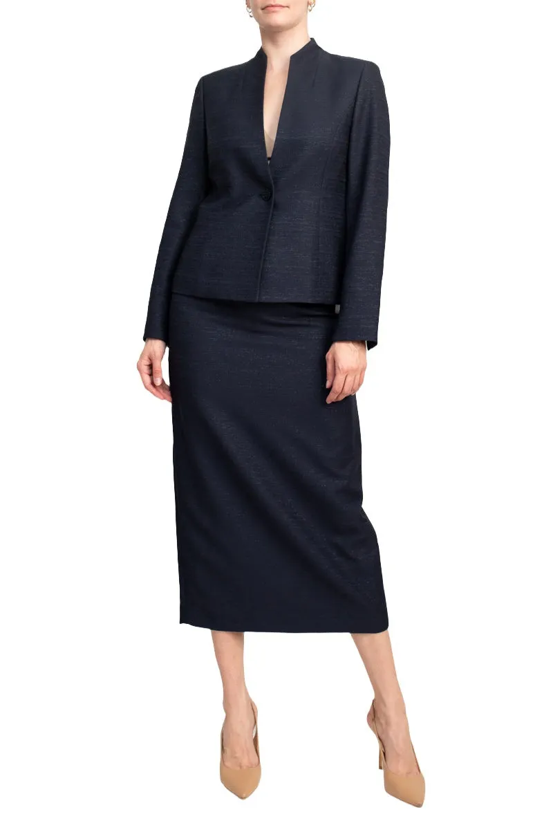 Le Suit Shimmer Tweed One Button No Pocket Jacket and Column Skirt Set