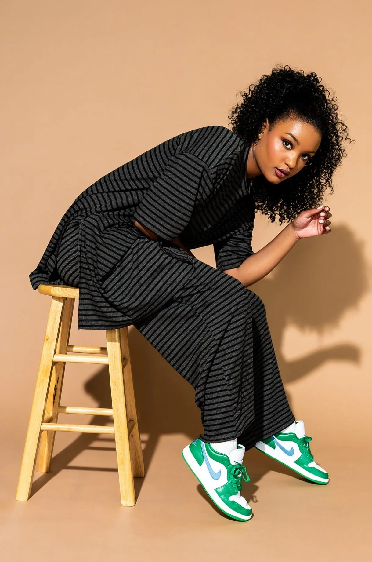 Leveled Up Ribbed Playsuit in Charcoal Stripe