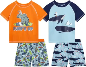 Little Boys Rash Guard Swim Set - 4-Piece Swim Shirt and Bathing Suit Trunks Set (2T-7)