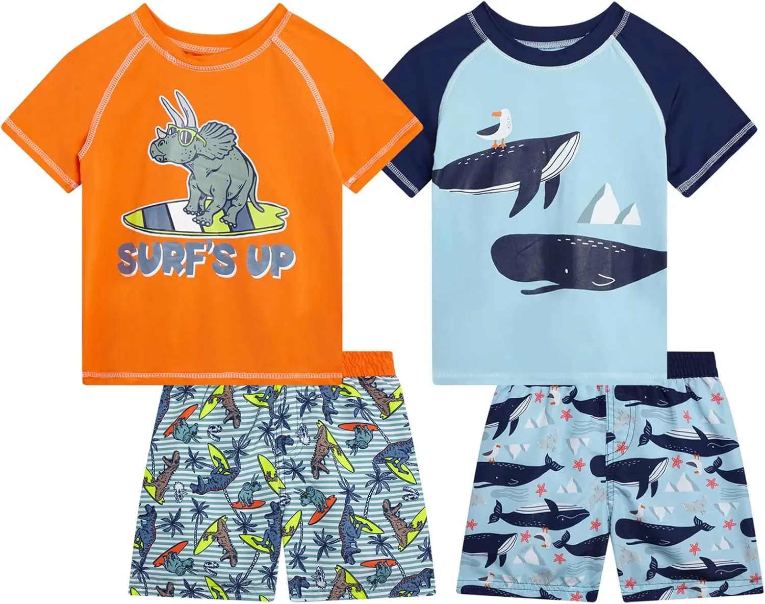Little Boys Rash Guard Swim Set - 4-Piece Swim Shirt and Bathing Suit Trunks Set (2T-7)