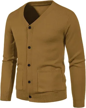 Men's Knit Cardigan Sweater V Neck Button up Sweaters Ribbed Cardigan Sweater with Pockets Long-Sleeve Soft Cardigan