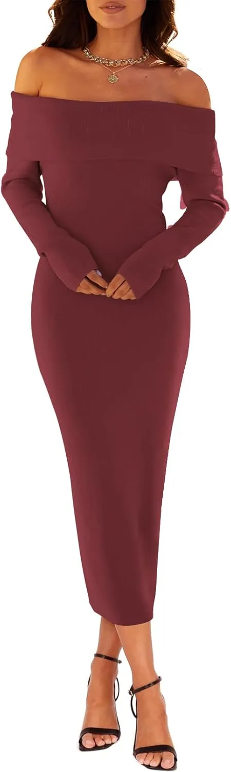 MEROKEETY Women's Winter Off Shoulder Bodycon Sweater Dress Formal Long Sleeve Elegant Cocktail Party Midi Maxi Dresses