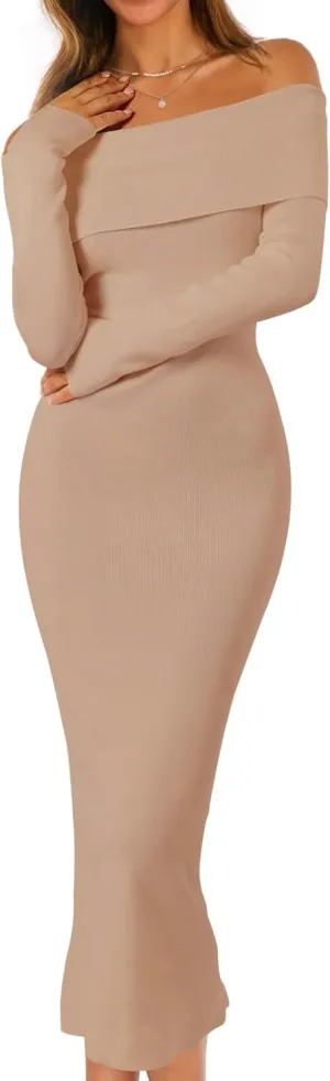 MEROKEETY Women's Winter Off Shoulder Bodycon Sweater Dress Formal Long Sleeve Elegant Cocktail Party Midi Maxi Dresses