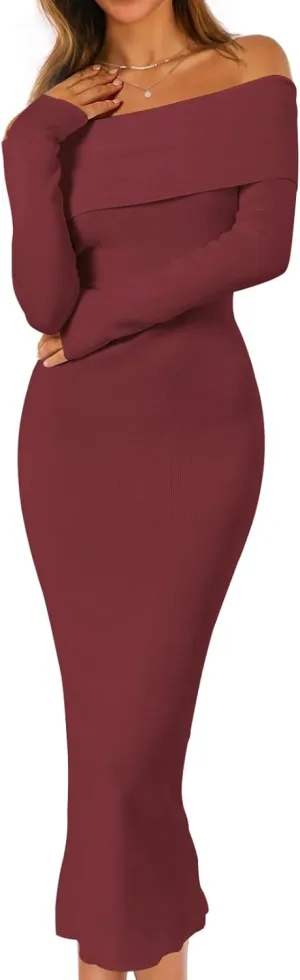 MEROKEETY Women's Winter Off Shoulder Bodycon Sweater Dress Formal Long Sleeve Elegant Cocktail Party Midi Maxi Dresses