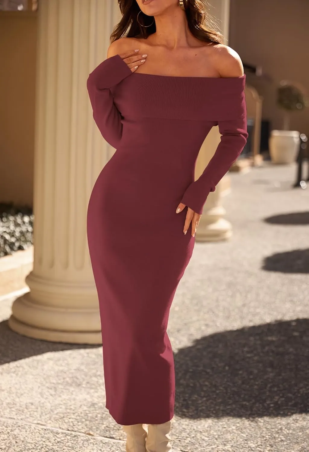 MEROKEETY Women's Winter Off Shoulder Bodycon Sweater Dress Formal Long Sleeve Elegant Cocktail Party Midi Maxi Dresses