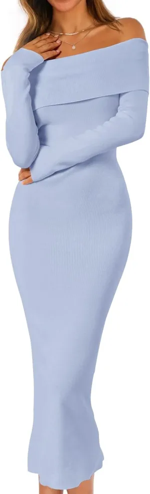 MEROKEETY Women's Winter Off Shoulder Bodycon Sweater Dress Formal Long Sleeve Elegant Cocktail Party Midi Maxi Dresses