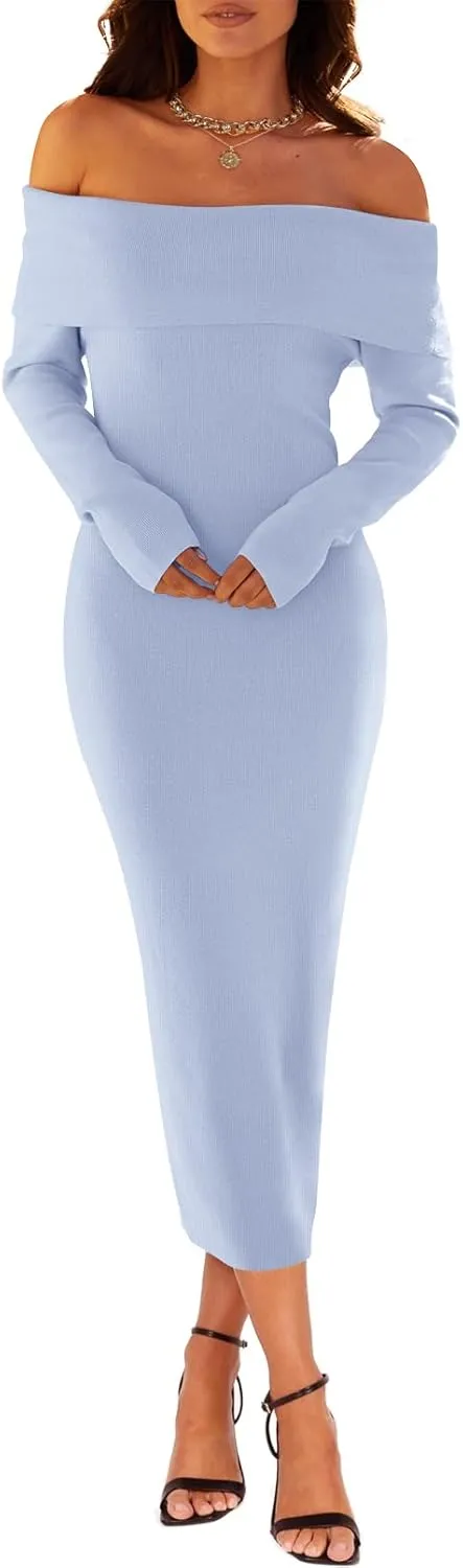 MEROKEETY Women's Winter Off Shoulder Bodycon Sweater Dress Formal Long Sleeve Elegant Cocktail Party Midi Maxi Dresses