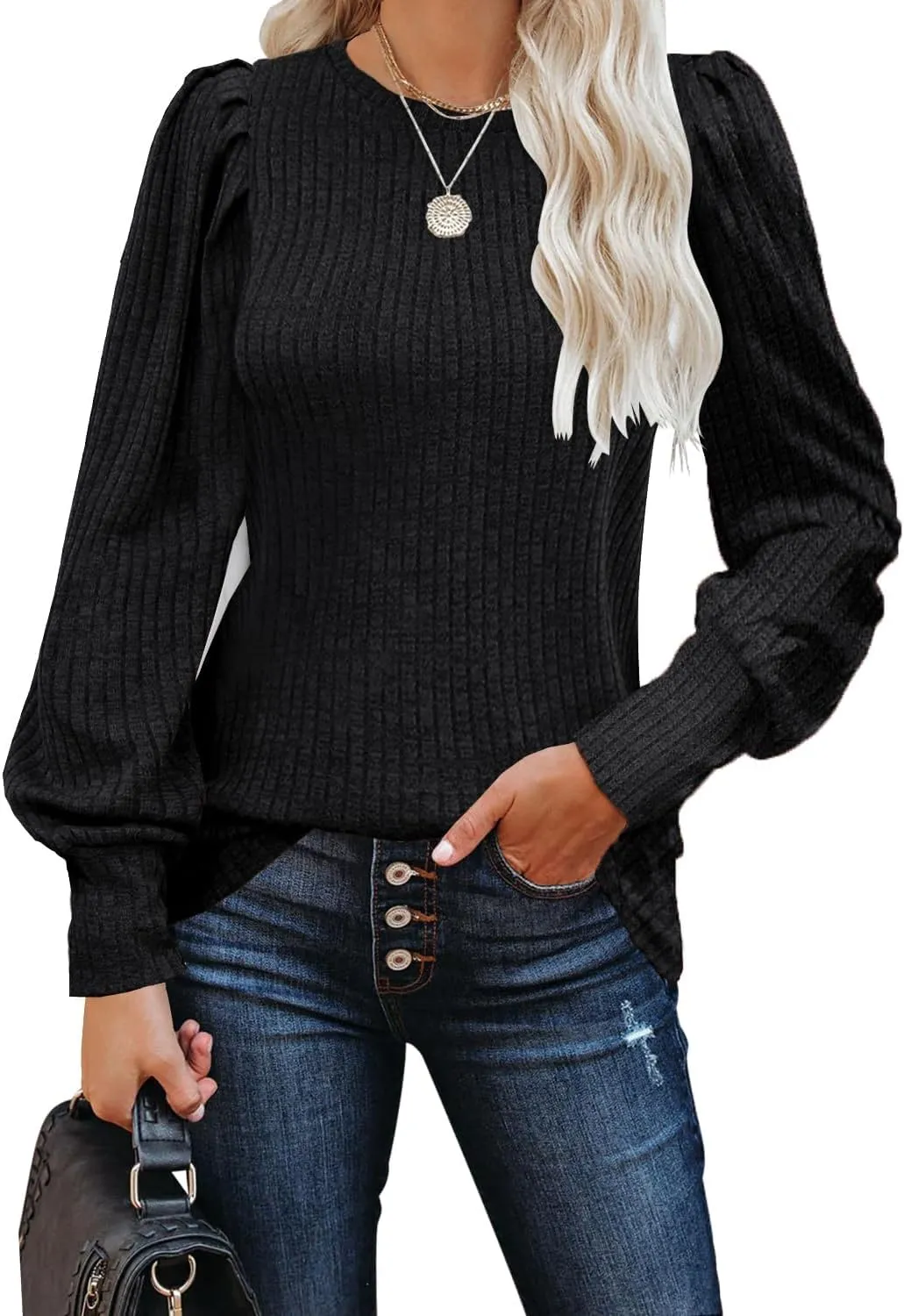MIHOLL Women's Puff Long Sleeve Shirts Casual Knit Blouses Crew Neck Elegant Tunic Tops