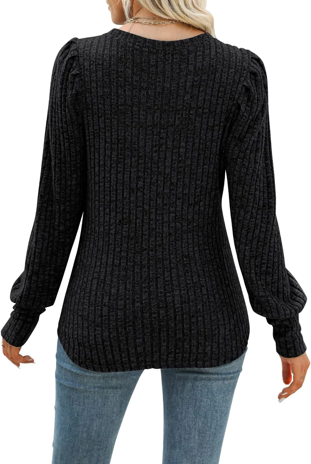 MIHOLL Women's Puff Long Sleeve Shirts Casual Knit Blouses Crew Neck Elegant Tunic Tops
