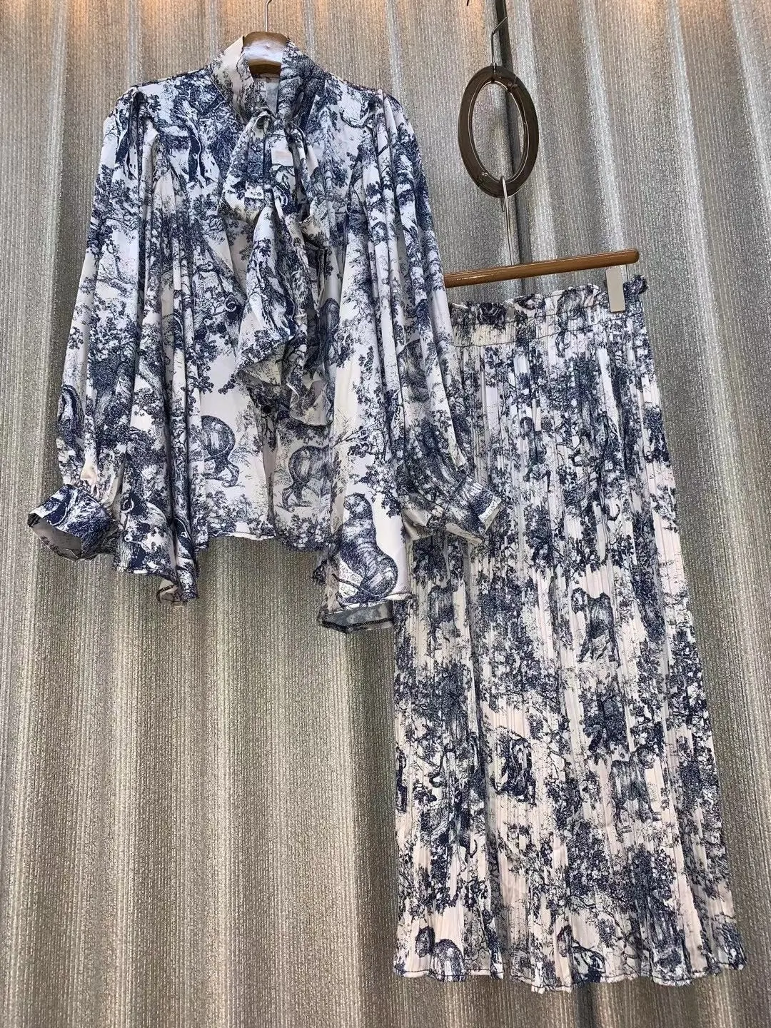 Pre Order:  Lantern Sleeves Butterfly Tie Belted Printed Blouse   Trousers Set