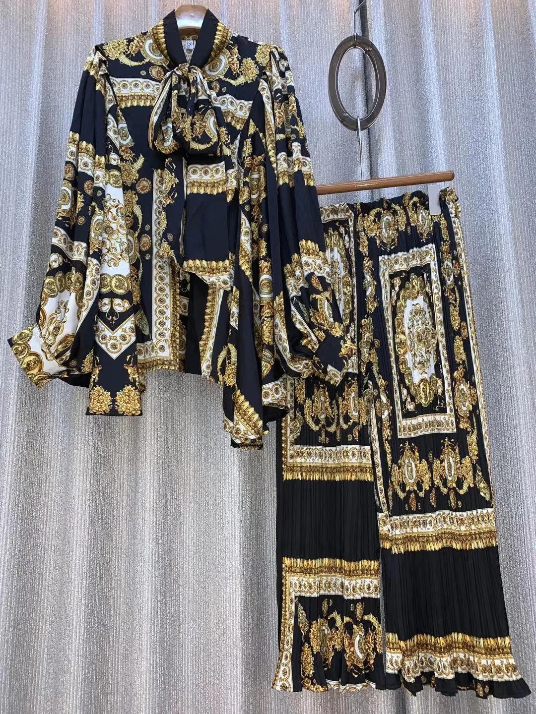 Pre Order:  Lantern Sleeves Butterfly Tie Belted Printed Blouse   Trousers Set