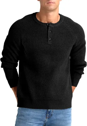 RQP Men's Henley Sweater Long Sleeve Button Crewneck Sweater Knit Sweater Casual Waffle Texture Pullover Sweater