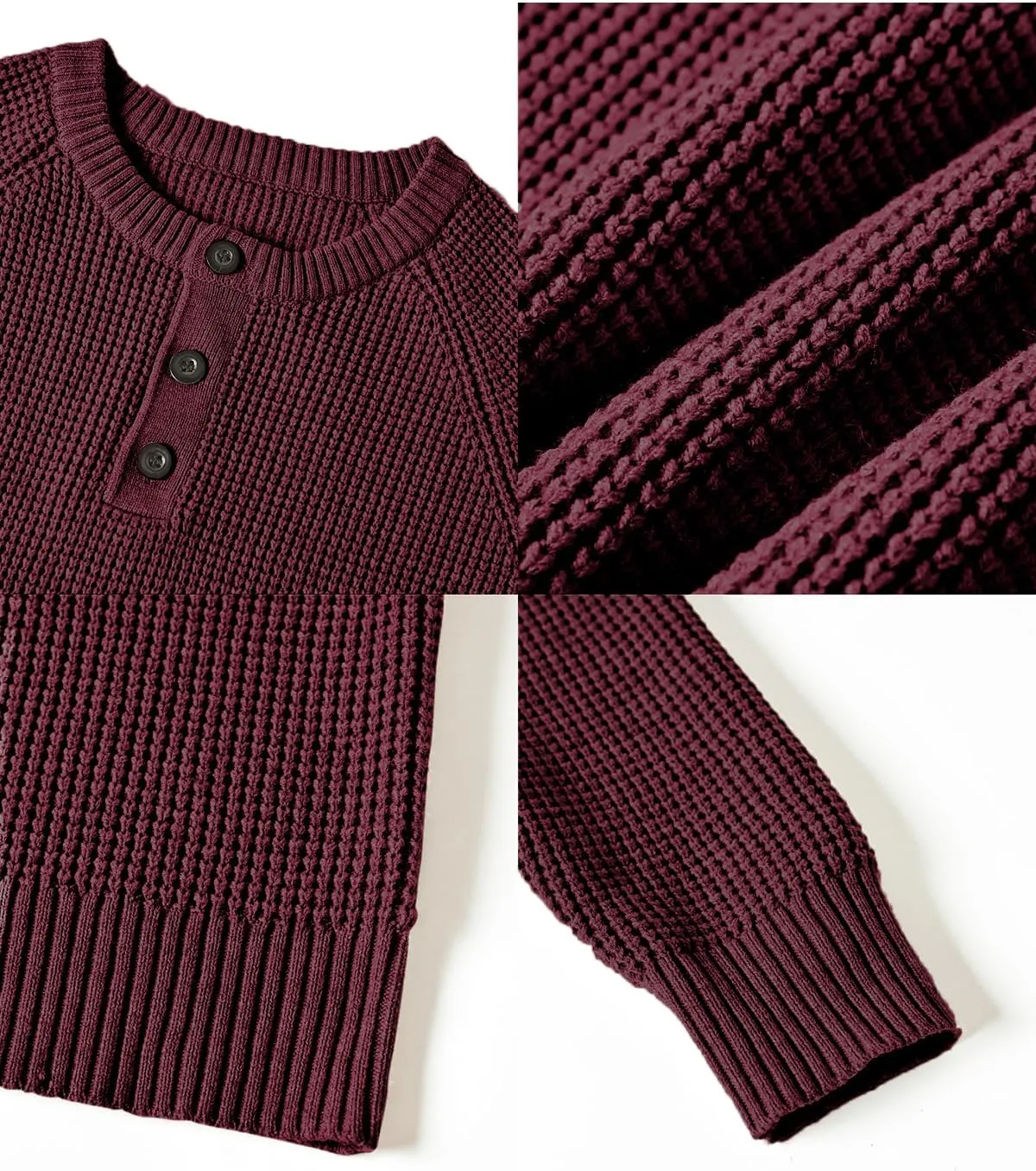 RQP Men's Henley Sweater Long Sleeve Button Crewneck Sweater Knit Sweater Casual Waffle Texture Pullover Sweater