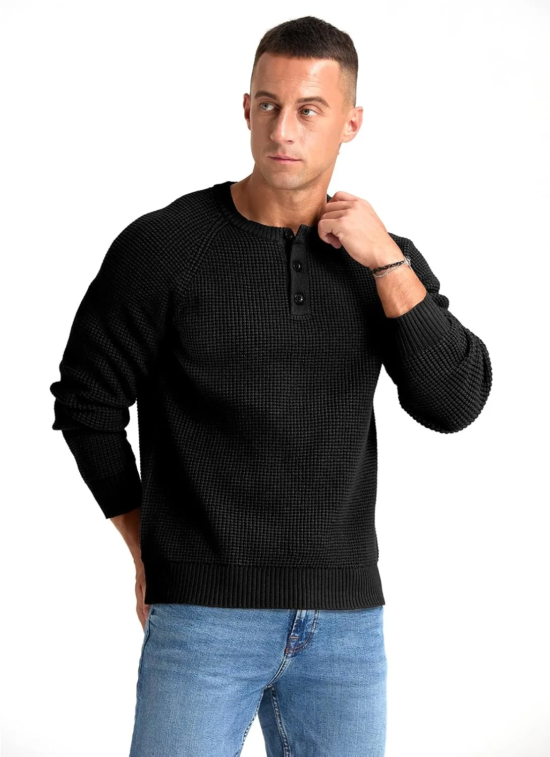 RQP Men's Henley Sweater Long Sleeve Button Crewneck Sweater Knit Sweater Casual Waffle Texture Pullover Sweater