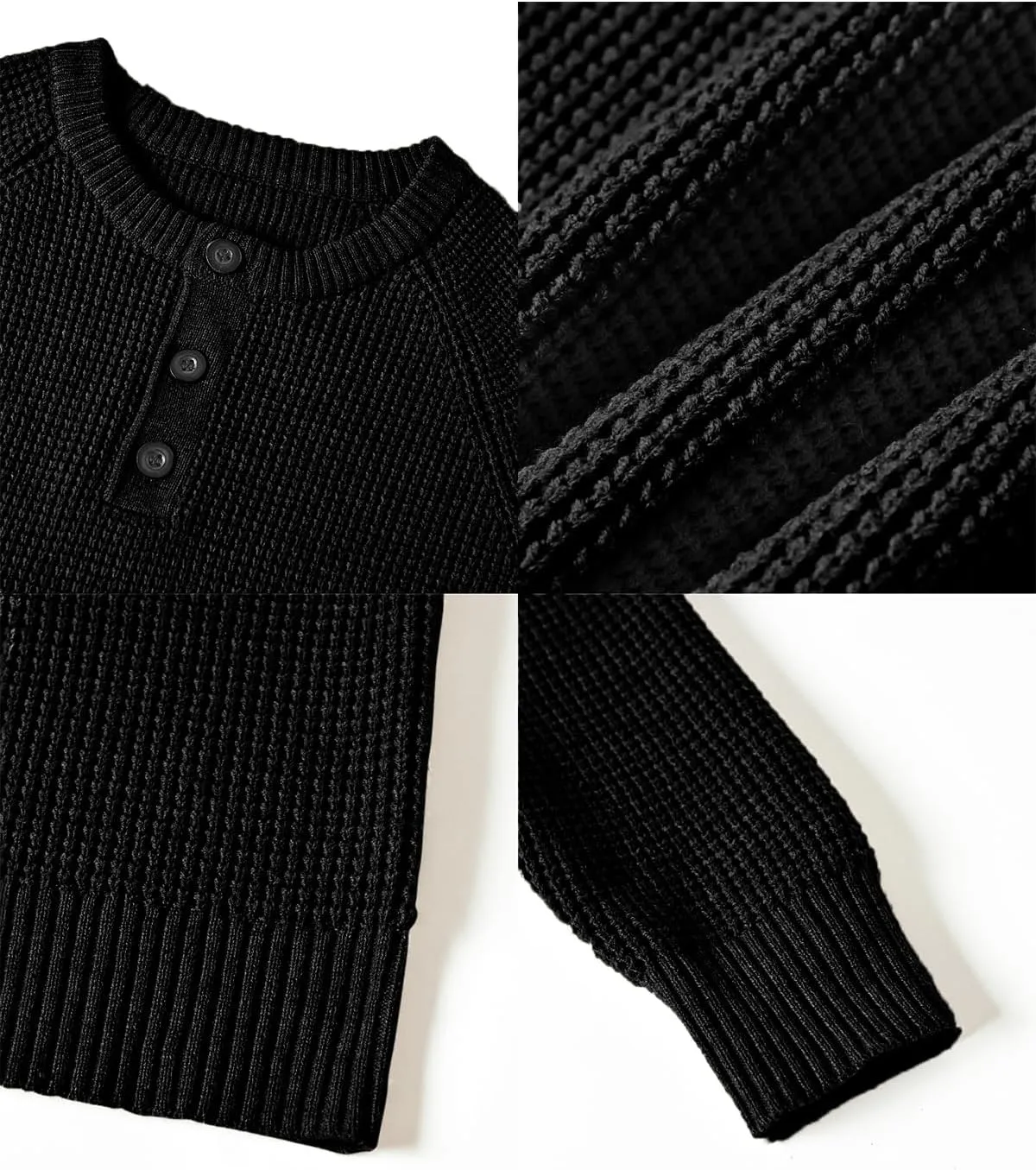 RQP Men's Henley Sweater Long Sleeve Button Crewneck Sweater Knit Sweater Casual Waffle Texture Pullover Sweater