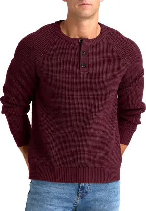 RQP Men's Henley Sweater Long Sleeve Button Crewneck Sweater Knit Sweater Casual Waffle Texture Pullover Sweater